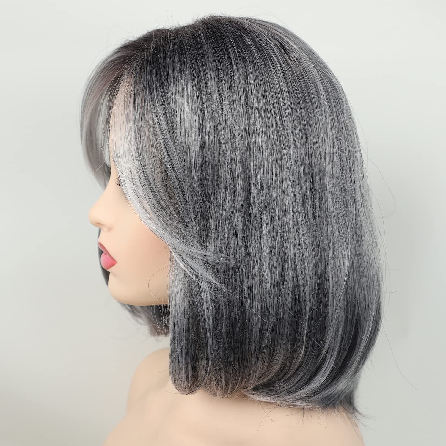 Peruca de cabelo liso natural Ombre cinza curto Bob