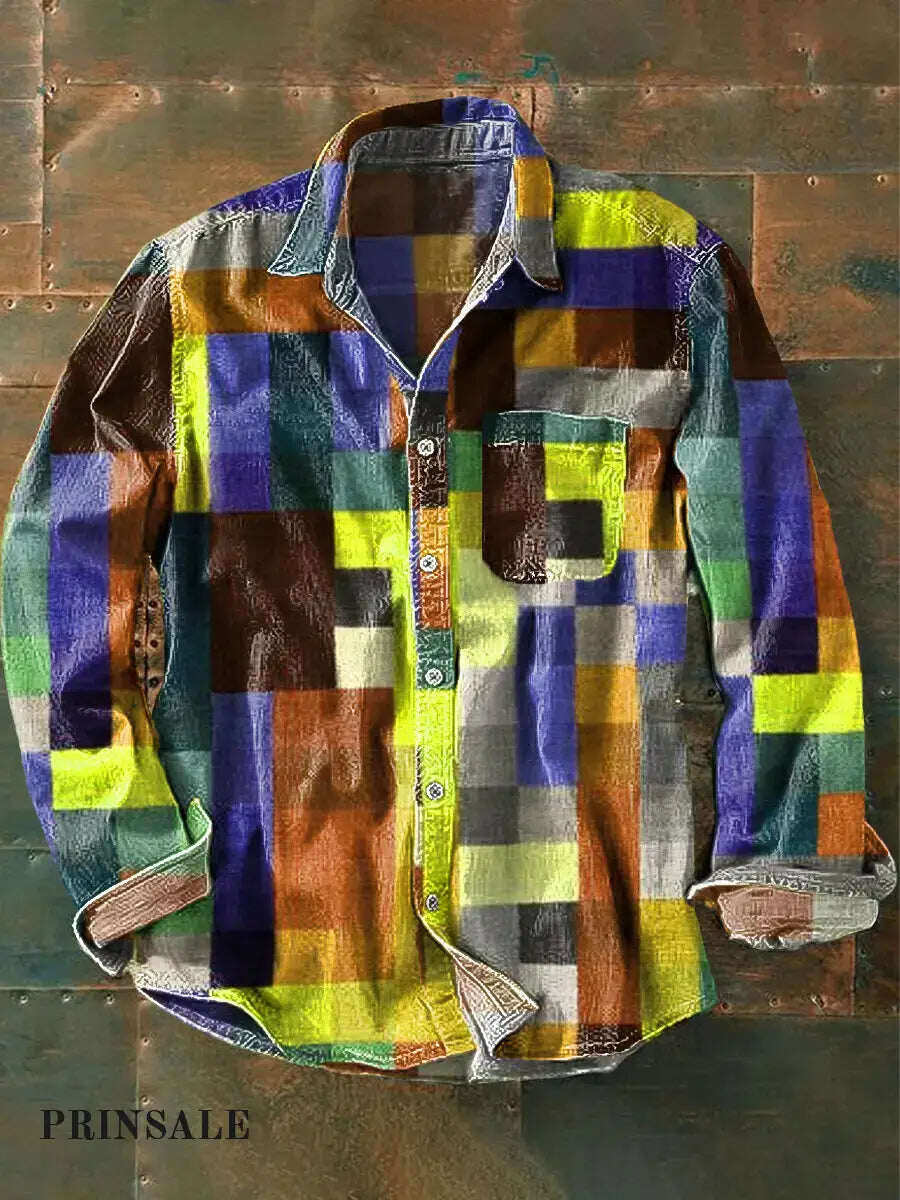 Pocket Rainbow Check vintage T-krekls ar garām piedurknēm