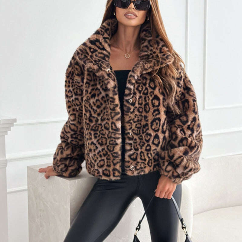 Casaco curto fofo feminino com padrão de leopardo💥Oferta por tempo limitado