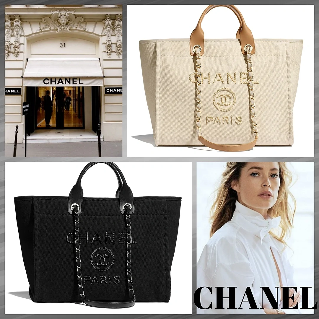 Chanel Canvas Pearl Deauville Medium Tote Beige or Black