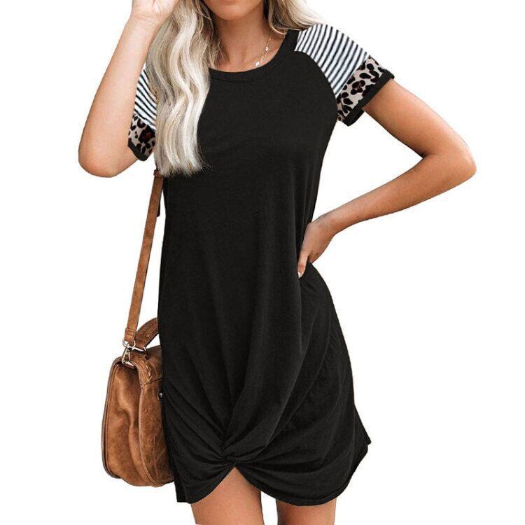 Vestido de manga curta com bolso e t-shirt raglan com padrão leopardo primavera e verão