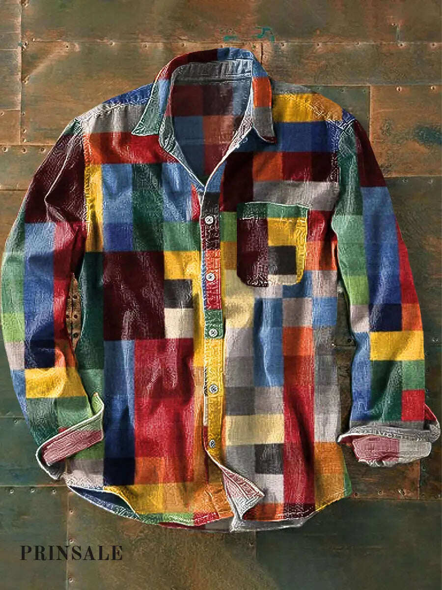 Pocket Rainbow Check vintage T-krekls ar garām piedurknēm