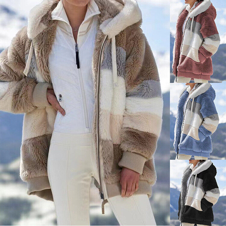 2025 Outono e Inverno Quente Plush Patchwork Zíper Bolso Com Capuz Solto Jaqueta Feminina