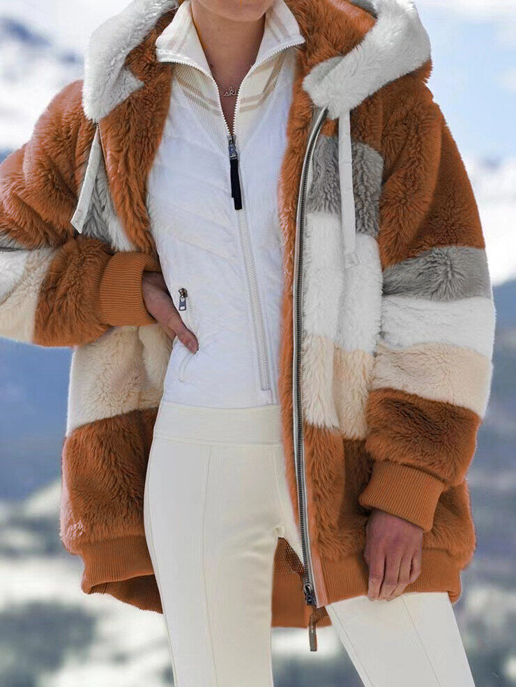2025 Outono e Inverno Quente Plush Patchwork Zíper Bolso Com Capuz Solto Jaqueta Feminina