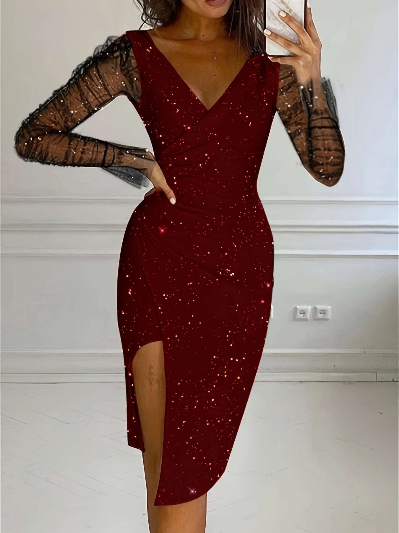 ✨Vestido sexy de malha com mangas compridas e lapelas contrastantes