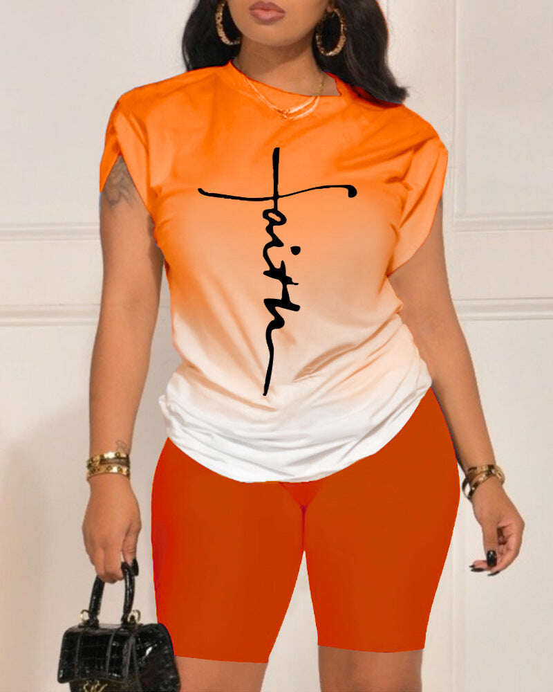 Conjunto casual de duas peças com estampado de letras laranja, gola redonda, manga curta