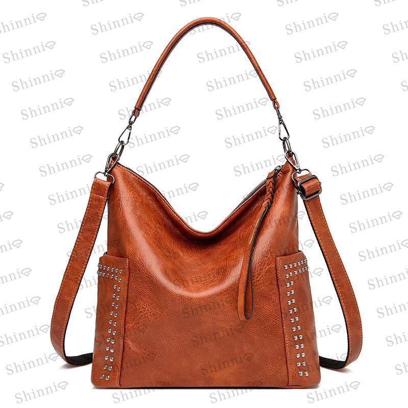 Bolsa de ombro feminina simples elegante com rebites