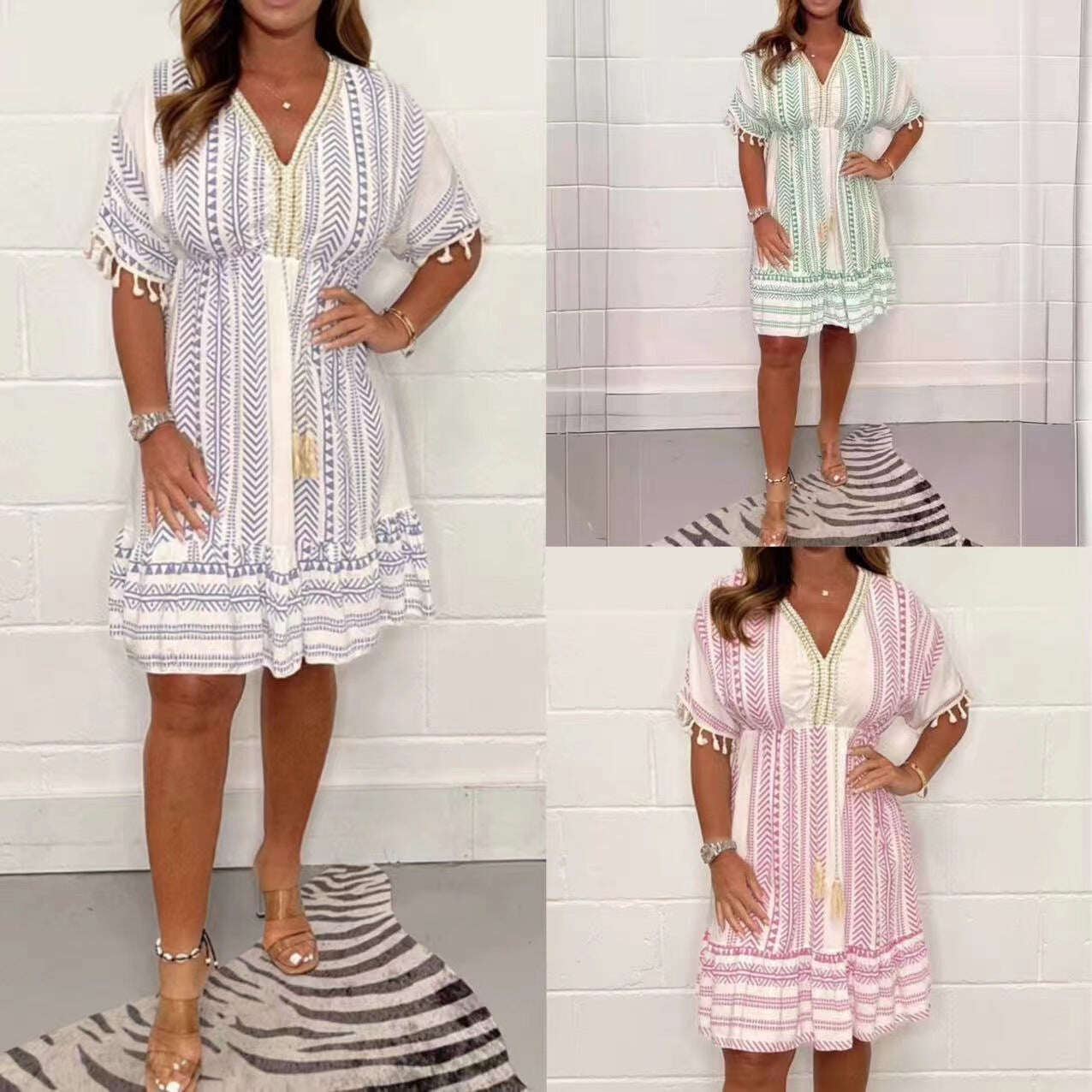 💝Vestido casual estilo étnico estampado com decote em V