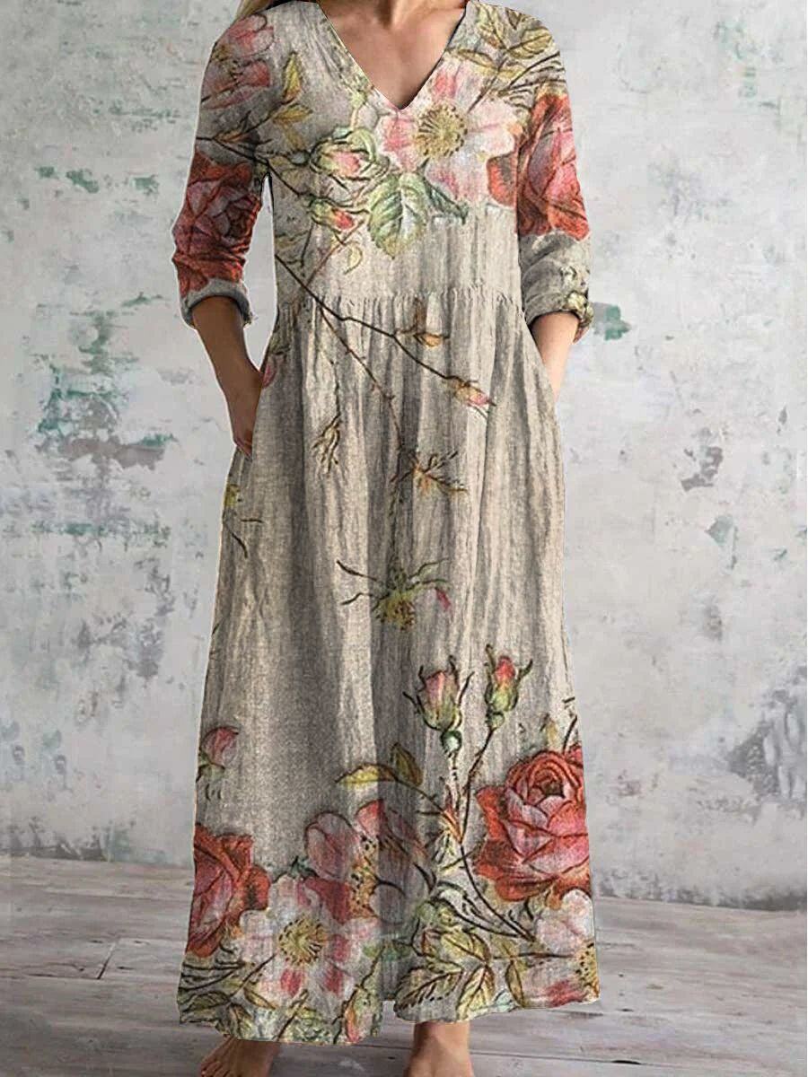 【S-3XL】 Vestido moderno com estampa floral de manga comprida