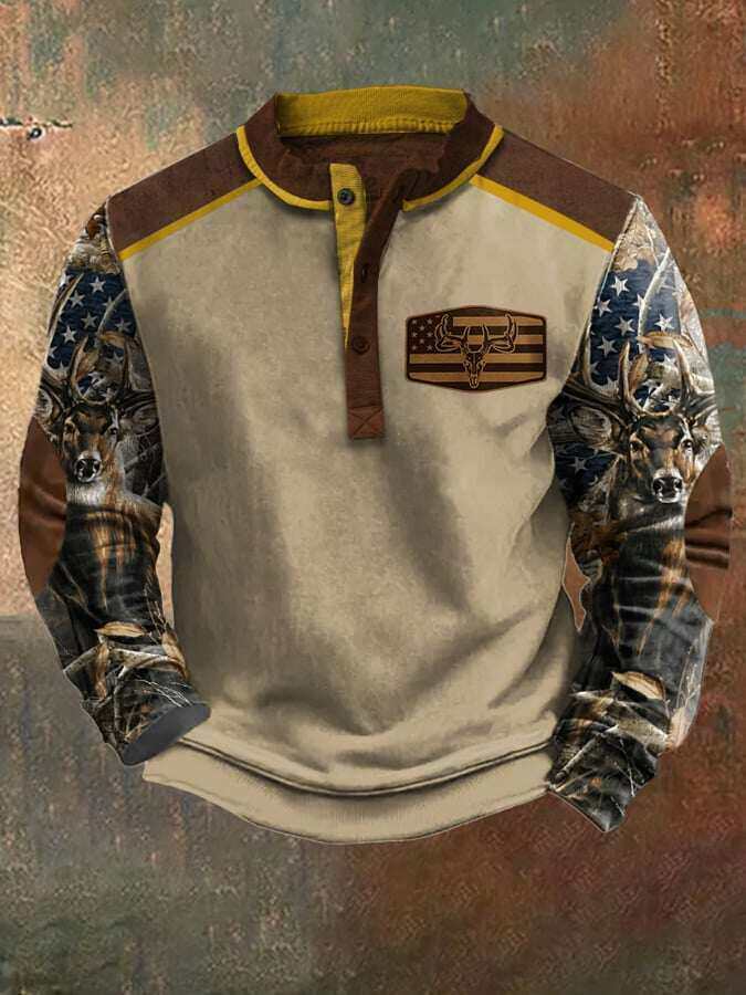 Moletom masculino casual vintage contrastante Elk Western