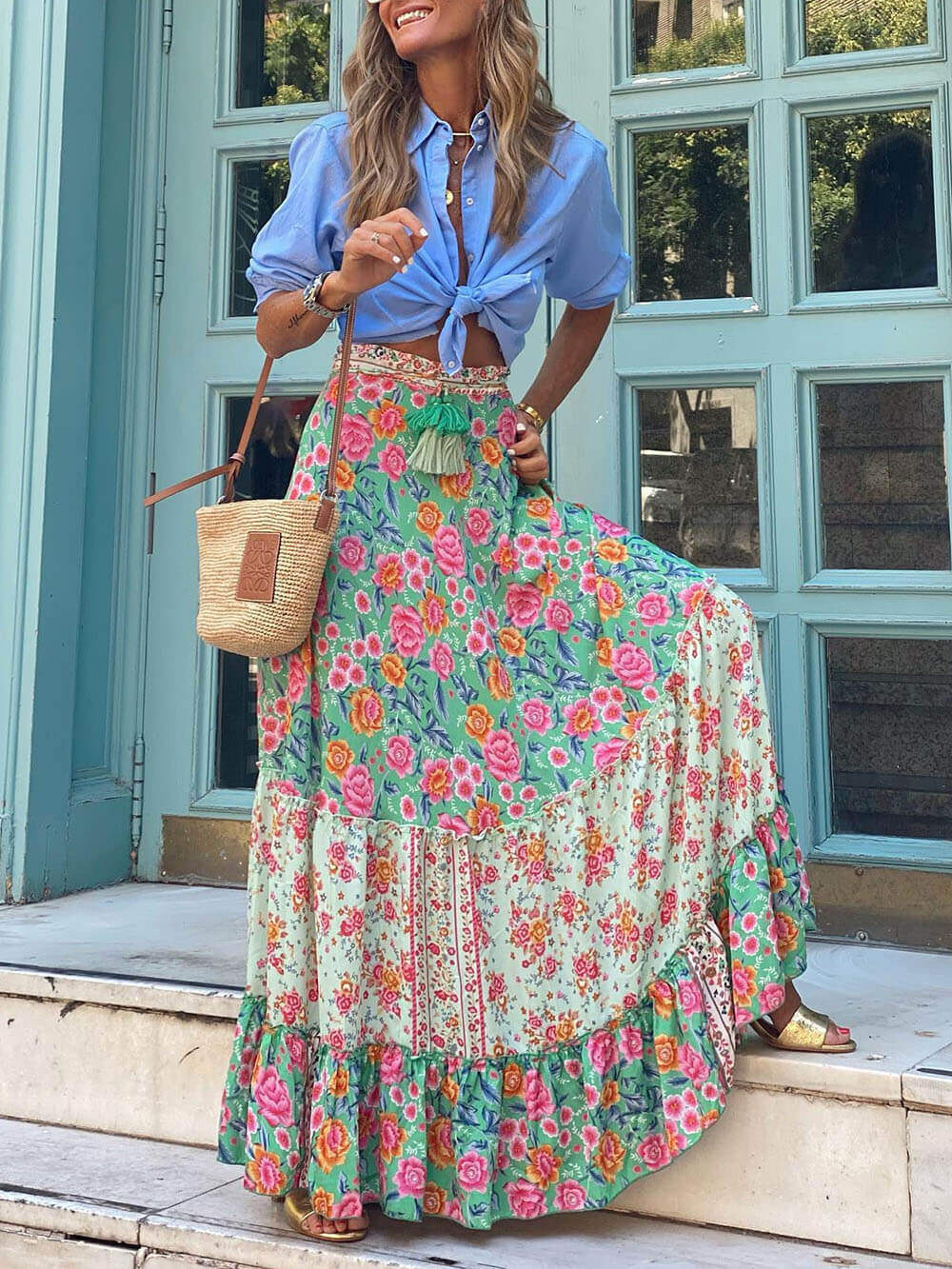 Saia maxi boho com franjas e cintura elástica