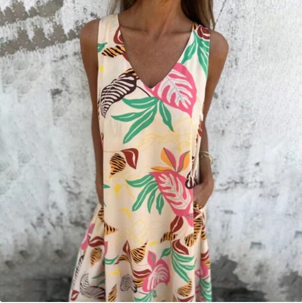 💐Saldos de primavera 🌸 Vestido de menina sem mangas com decote em V e estampado de folhas