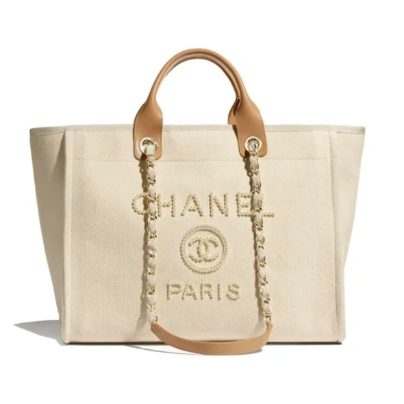 Chanel Canvas Pearl Deauville Medium Tote Beige or Black