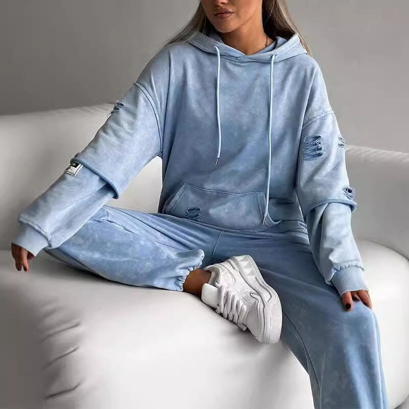 Conjunto de moletom rasgado com capuz casual para mulher outono e inverno