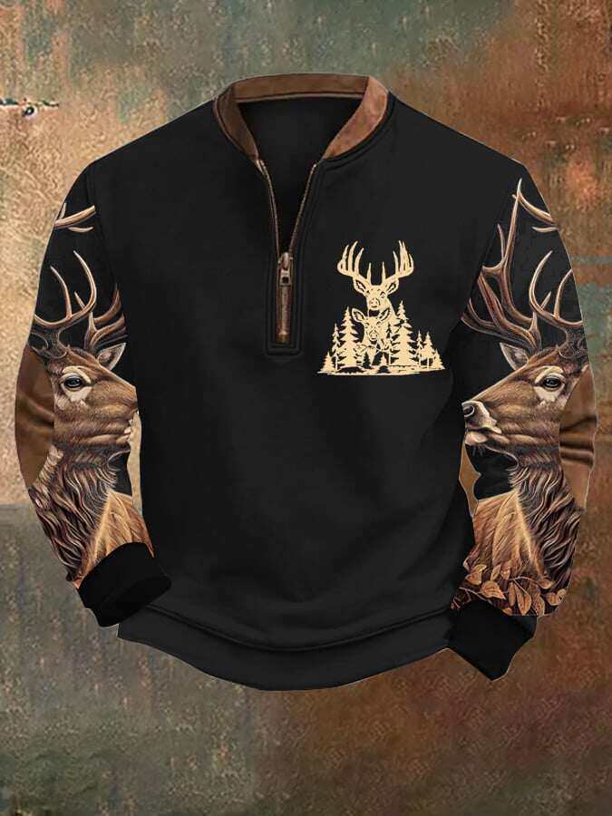 Moletom masculino Retro Western 3D Deer Print com gola com zíper