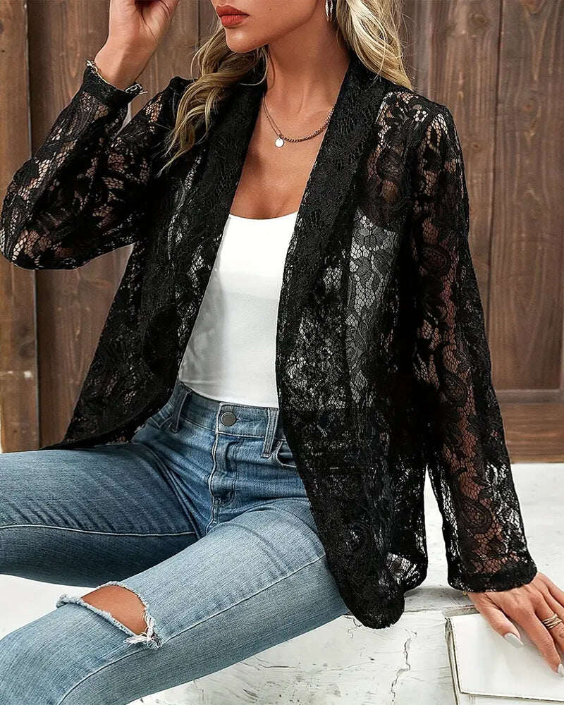 Cappotto elegante tinta unita con pizzo floreale e revers