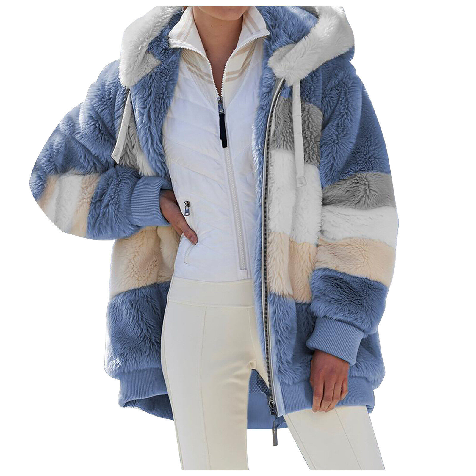 2025 Outono e Inverno Quente Plush Patchwork Zíper Bolso Com Capuz Solto Jaqueta Feminina