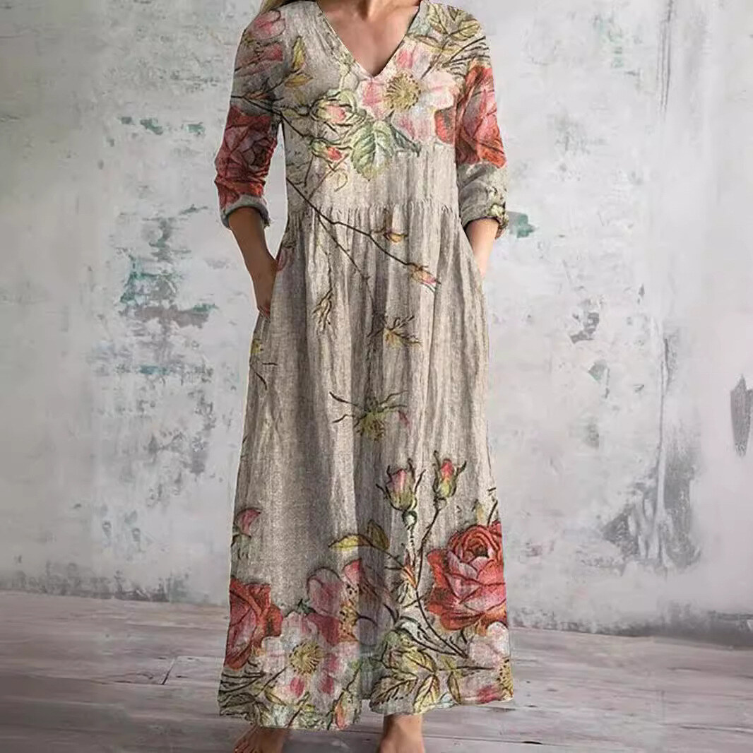 【S-3XL】 Vestido moderno com estampa floral de manga comprida