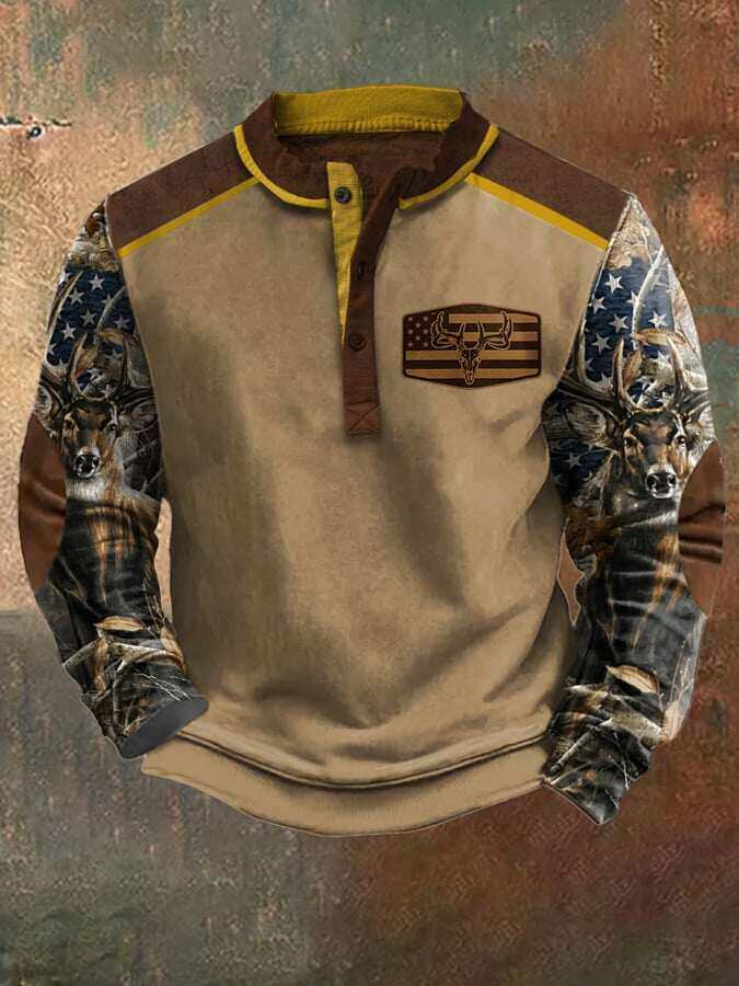 Moletom masculino casual vintage contrastante Elk Western