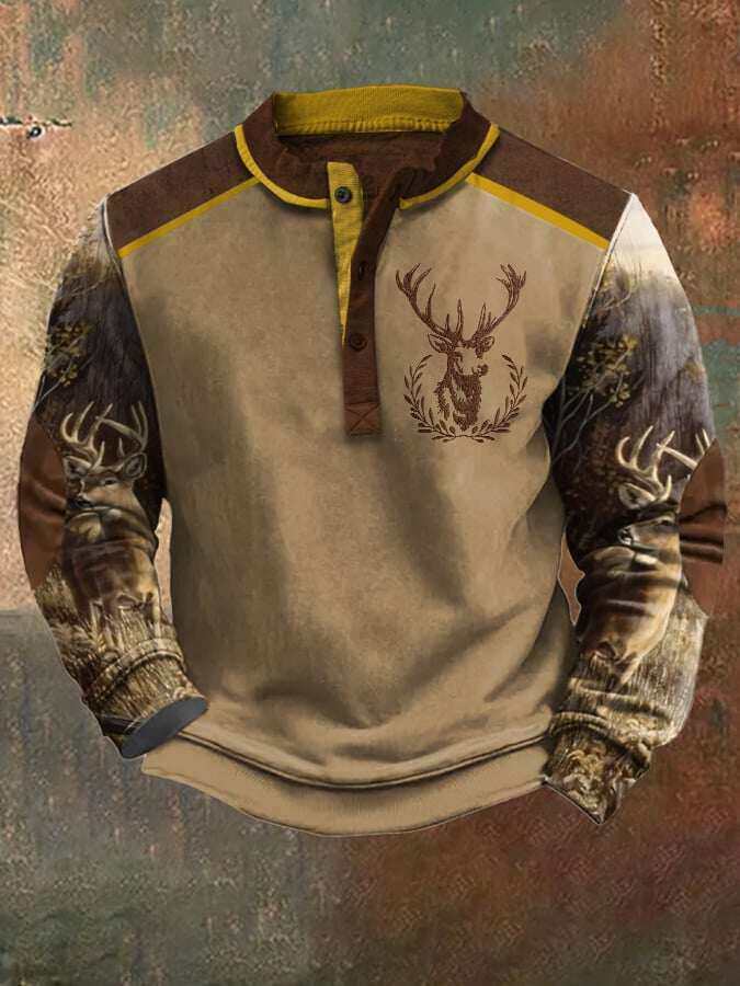 Moletom masculino casual vintage contrastante Elk Western