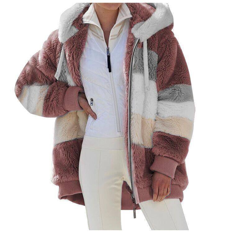 2025 Outono e Inverno Quente Plush Patchwork Zíper Bolso Com Capuz Solto Jaqueta Feminina