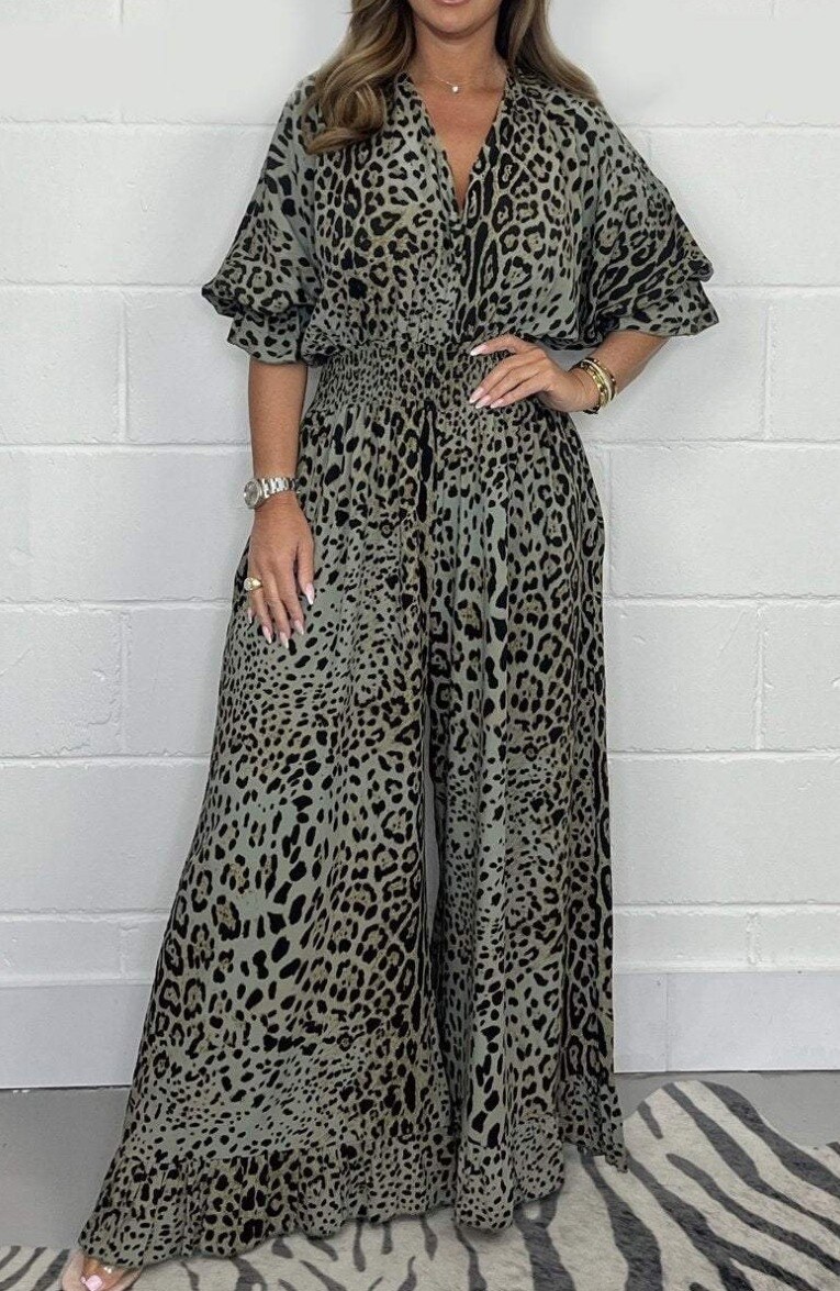 2024 Salopetă casual cu picior lat, de modă nouă, cu imprimeu leopard