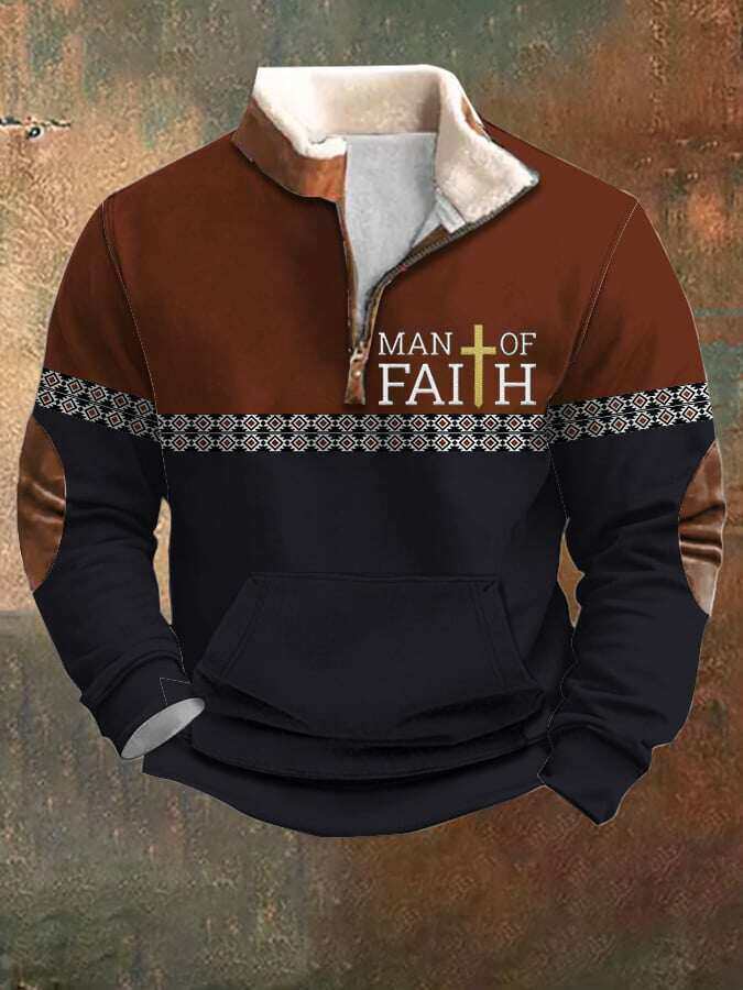 Moletom masculino Faith Contrast Color Retro zip com mangas compridas e gola de pele