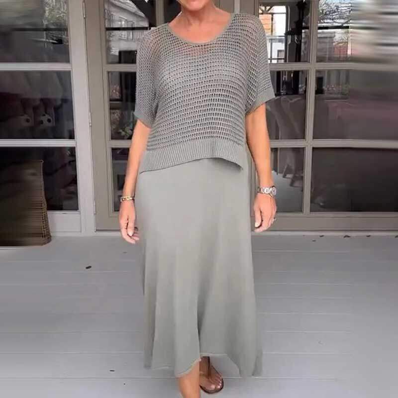 Conjunto de duas peças de vestido feminino de crochê e malha