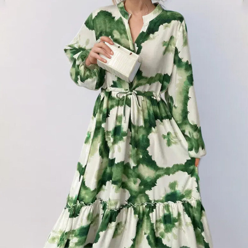 2025 vestido feminino manga lanterna estampado lapela cintura manga comprida