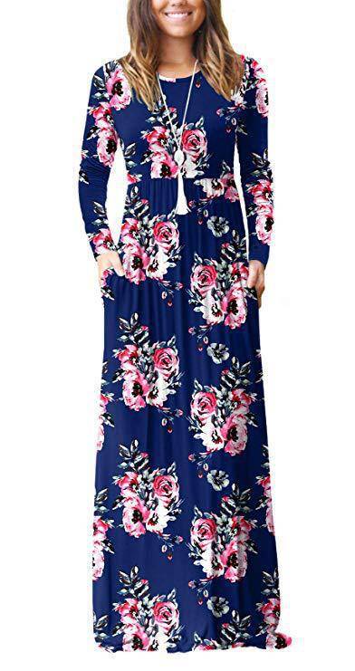 Amazon WISH hit 2023 autumn new element printed round neck pocket long sleeve dress waist long skirt