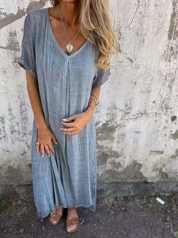 🎁Vestido de linho de algodão com gola pontiaguda