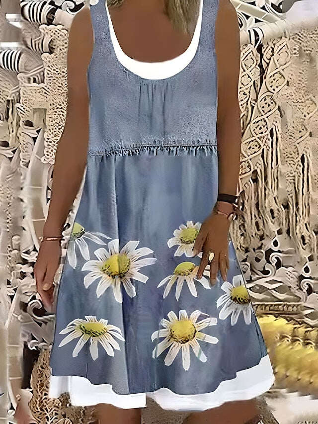 Vestido feminino linha a midi cinza sem mangas floral falso duas peças verão primavera em torno do pescoço moderno 2023 5xl