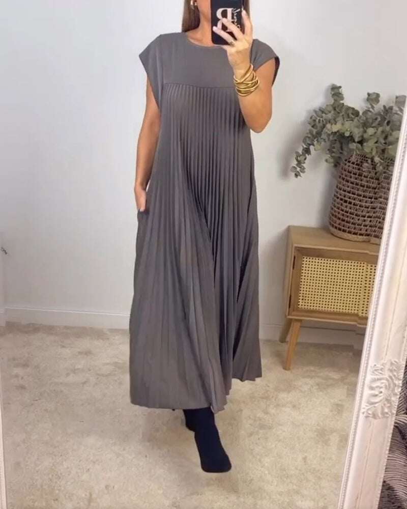 Vestido plissado simples de cor sólida para mulheres