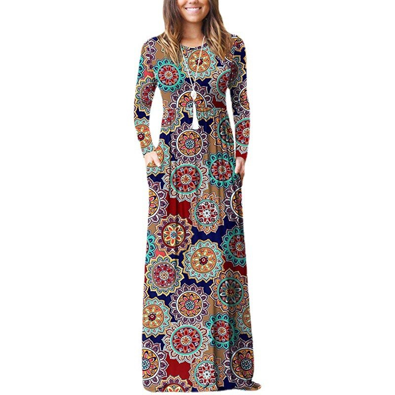 Amazon WISH hit 2023 autumn new element printed round neck pocket long sleeve dress waist long skirt