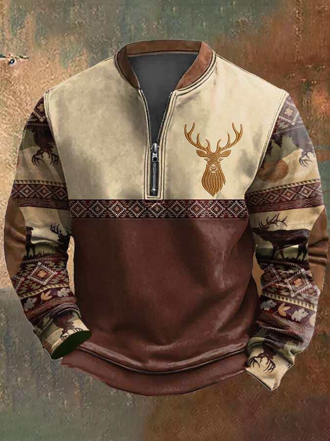 Moletom masculino casual com zíper na cor Vintage Elk contrastante