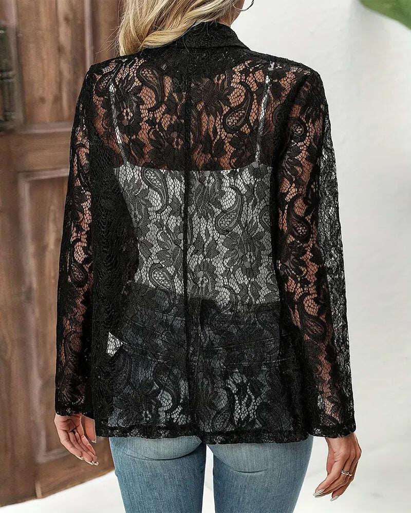 Cappotto elegante tinta unita con pizzo floreale e revers