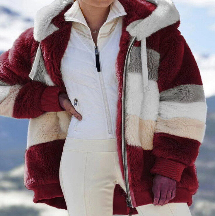 2025 Outono e Inverno Quente Plush Patchwork Zíper Bolso Com Capuz Solto Jaqueta Feminina