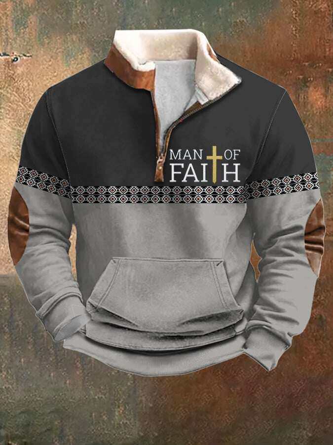 Moletom masculino Faith Contrast Color Retro zip com mangas compridas e gola de pele