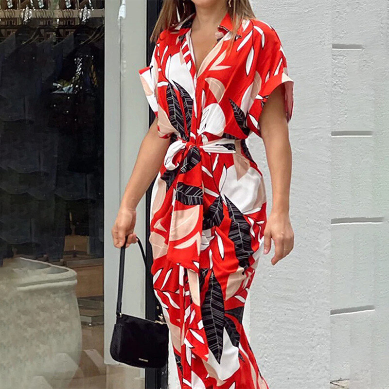 Vestido comprido de camisa de cintura alta com lapela estampada para mulher 2025