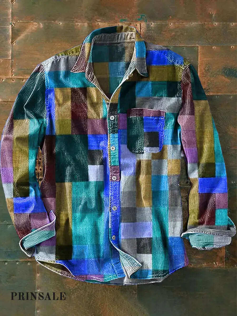 Pocket Rainbow Check vintage T-krekls ar garām piedurknēm