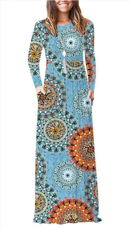 Amazon WISH hit 2023 autumn new element printed round neck pocket long sleeve dress waist long skirt