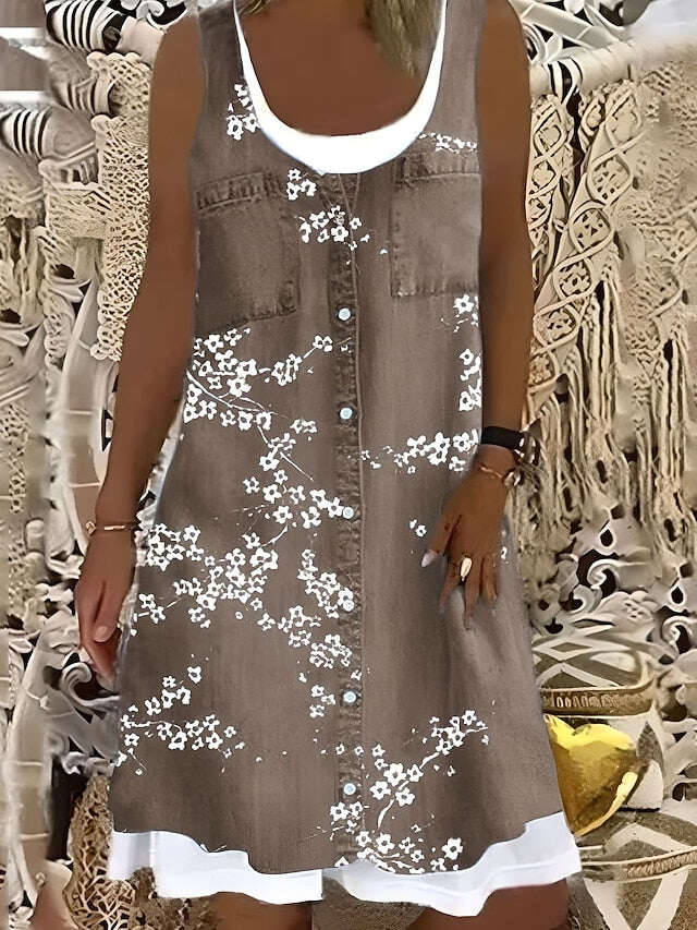 Vestido feminino linha a midi cinza sem mangas floral falso duas peças verão primavera em torno do pescoço moderno 2023 5xl