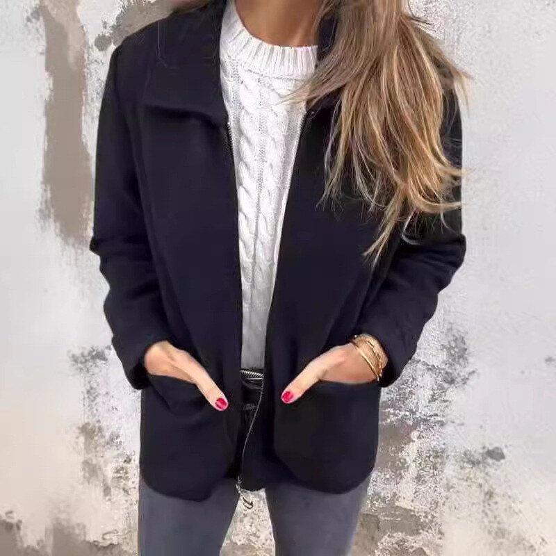 2025 outono e inverno novo feminino lapela cor sólida zíper bolso jaqueta comprimento médio casaco feminino