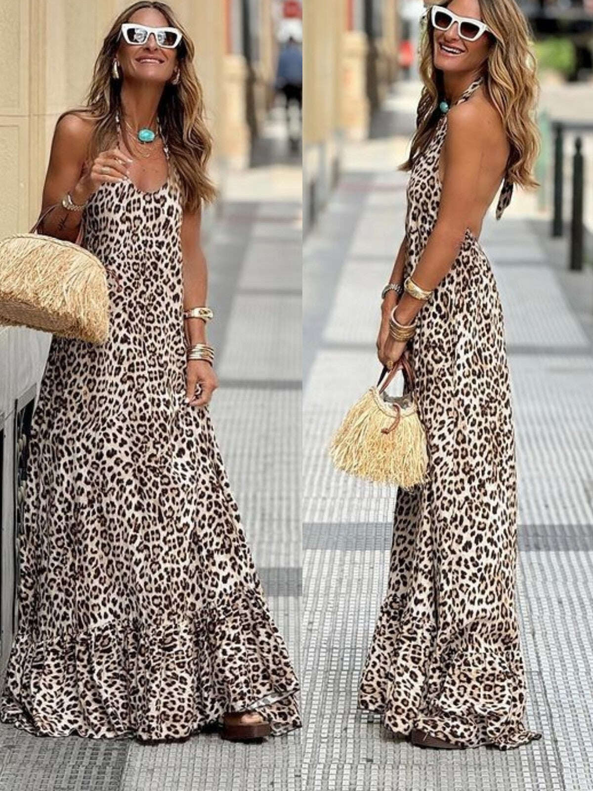 Vestido maxi sexy com estampa de leopardo com decote frente única e design sem costas