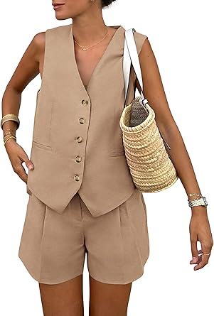 Conjunto de fatos de senhora de 2 peças com botão e decote em V, tops sem mangas e calções com bolsos, roupa de verão da moda