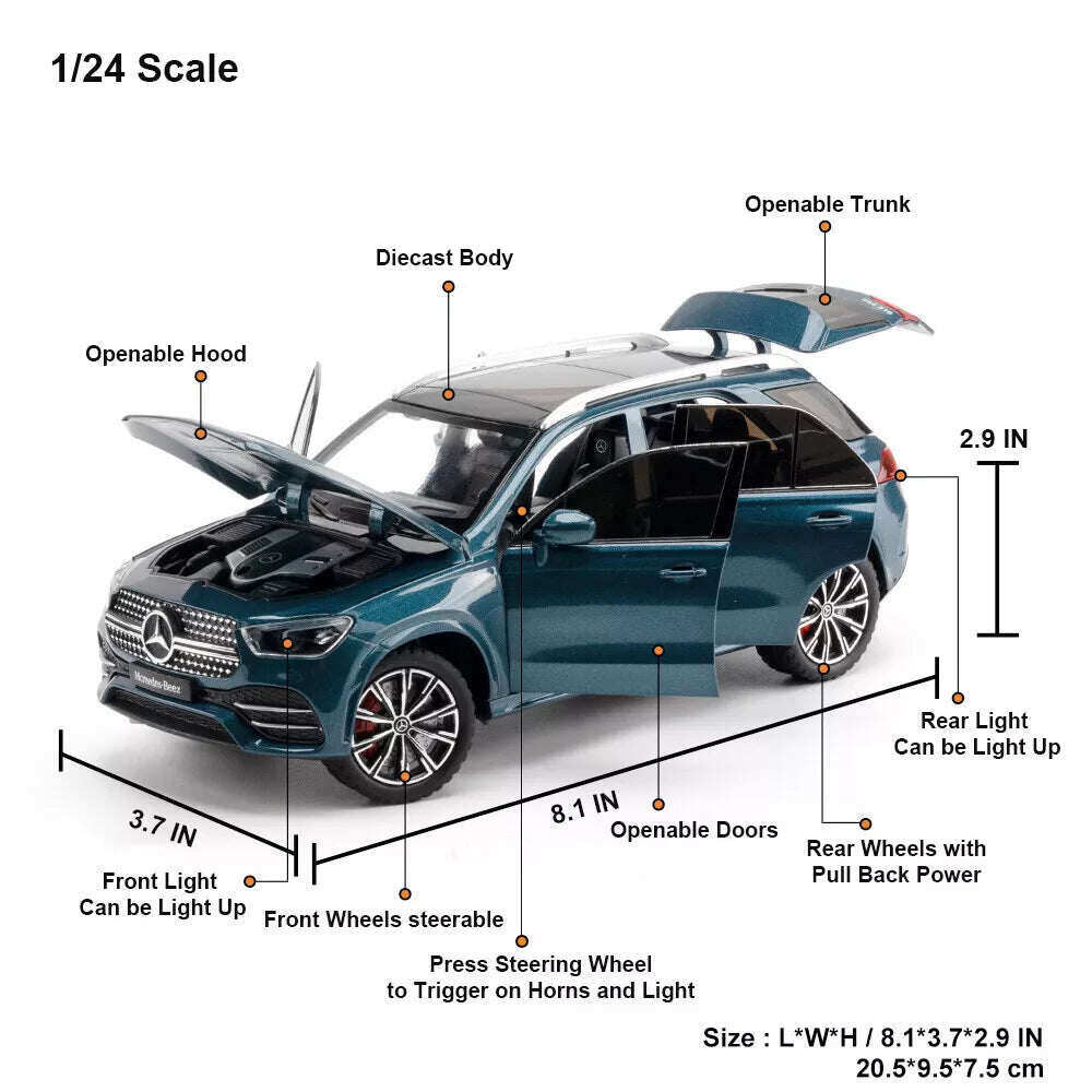 1:24 Carro de brinquedo Mercedes-Benz GLE 350 em alumínio fundido com som e luz