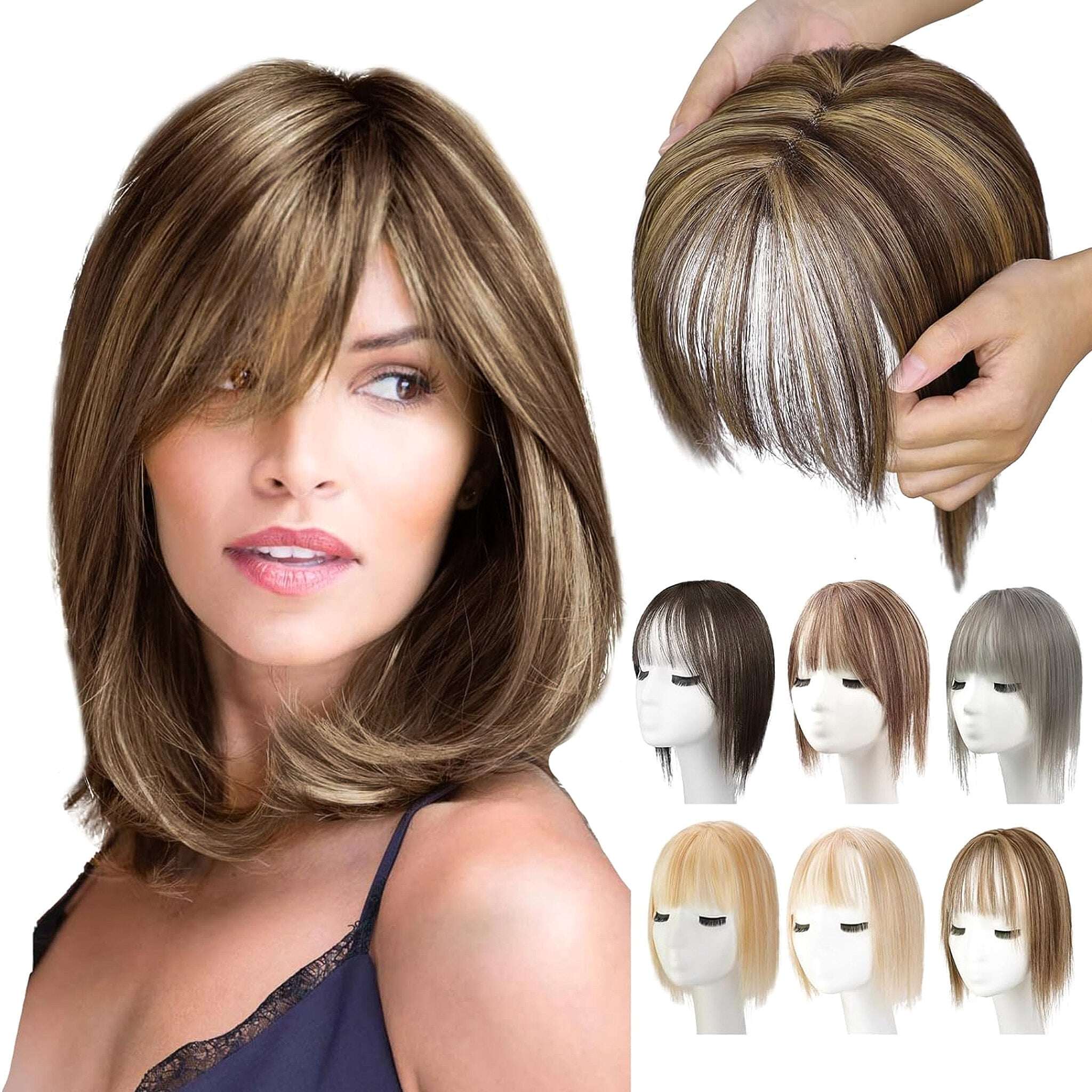 Toppers de cabelo 100% humano para mulheres, adicionando volume de cabelo com franja, 12 polegadas, invisível