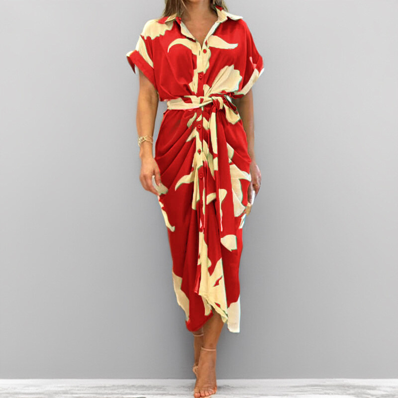 Vestido comprido de camisa de cintura alta com lapela estampada para mulher 2025