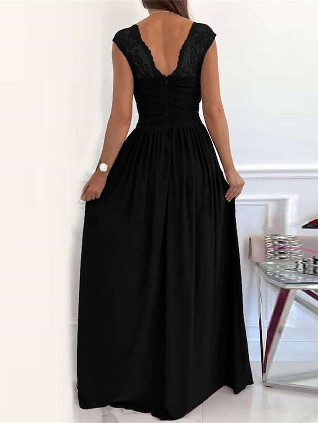 Vestido feminino preto de baile, vestido de festa, renda, babado, decote em V