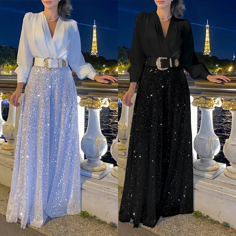 2024 vestidos femininos primavera e outono premium com decote em v manga comprida elegante cintura lantejoulas vestido francês